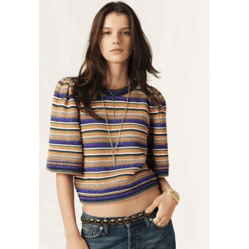 ba&sh Farfaela Striped Cotton Short Sleeve Sweater Size 0 (XS) Boho Boxy Relaxed